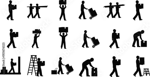 Warehouse workers carrying boxes and moving cargo silhouettes set, manual handling and delivery staff black vector illustration isolated on white background
