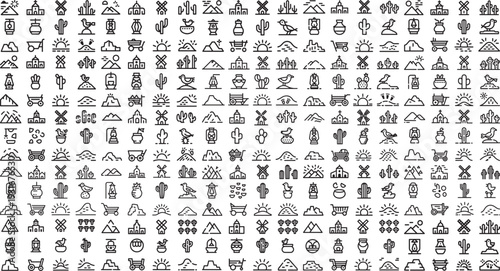 Collection of various desert landscape and wildlife icons in simple line art style on white background