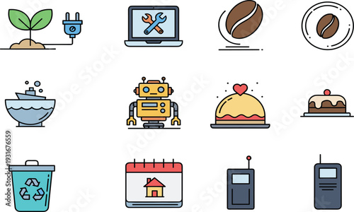 Mixed Flat Icon Set with Coffee Robot Recycling Calendar Laptop Repair Eco Energy Cake and Communication Symbols Collection.