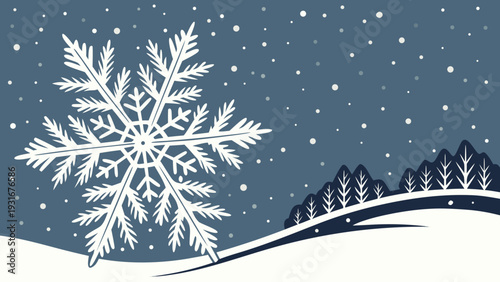 Large Snowflake in Winter Landscape with Falling Snow.