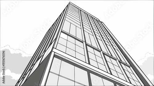 Low angle view of a modern skyscraper with many windows.