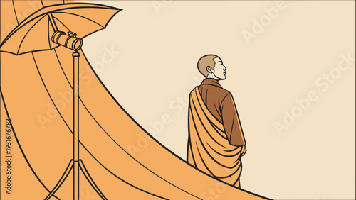 Monk Meditating Under Umbrella in Serene Setting.