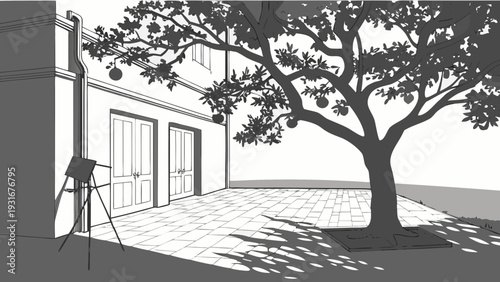 Monochromatic Illustration of a Courtyard with a Fruit Tree and Building.