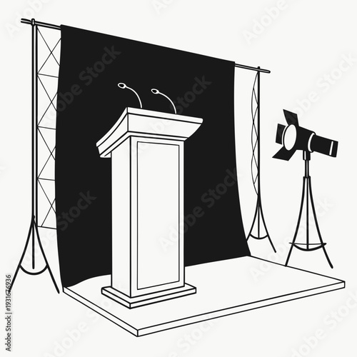 Podium with Microphones and Stage Lighting Setup.