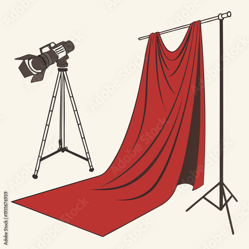 Professional photography studio setup with spotlight and red backdrop.