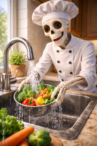 Funny Skeleton Chef Washing Fresh Vegetables in Kitchen Sink