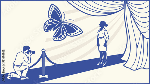 Photographer Capturing a Woman Posing with a Large Butterfly Illustration on a Stage.