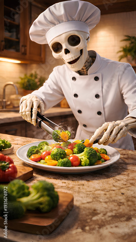 Funny Skeleton Chef Preparing Fresh Vegetable Salad in Modern Kitchen