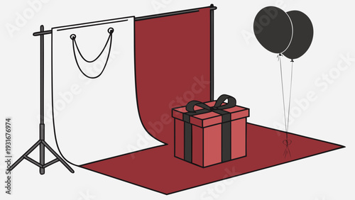Professional photo studio setup with red gift box and balloons.