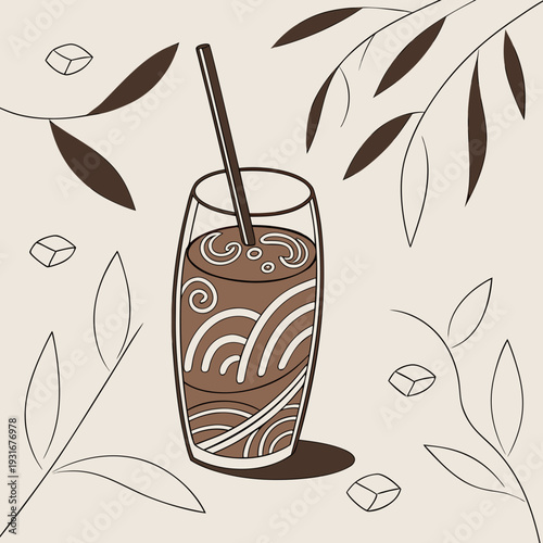 Refreshing Iced Coffee Beverage with Artistic Swirls and Botanical Elements.