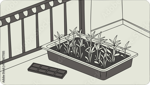 Seedlings in a rectangular planter on a balcony with a smaller seed tray nearby.