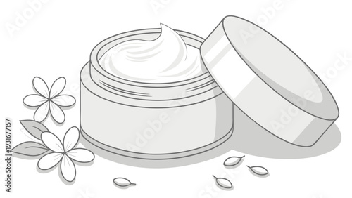 Skincare cream jar with jasmine flowers and seeds.