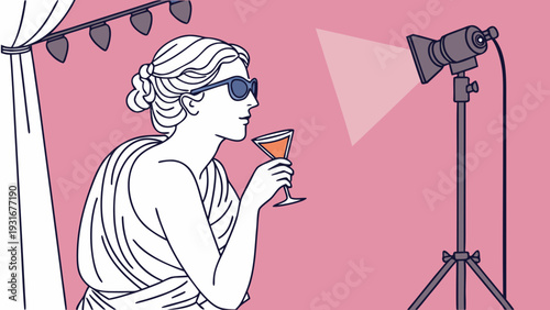 Stylish Woman in Sunglasses with Cocktail Under Spotlight.