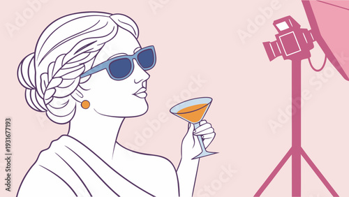 Stylish Woman in Sunglasses with Cocktail at Photoshoot.