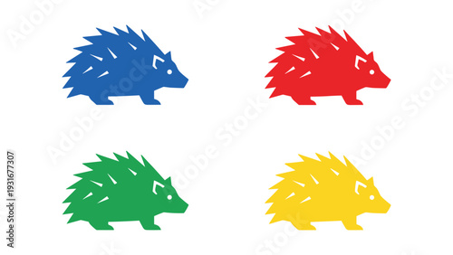 Four colorful hedgehogs in vibrant shades standing side by side