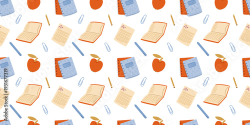 School accessories seamless pattern. Doodle vector illustration with pens, notebooks, apple for school supply brandin