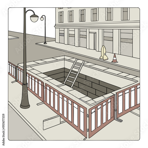 Urban construction site with open pit and ladder.