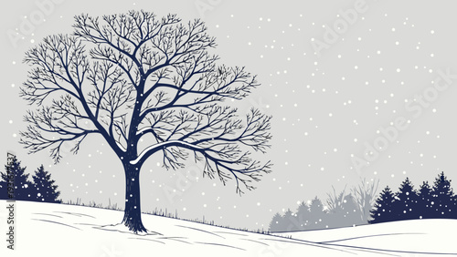 Winter landscape with snowcovered trees and falling snowflakes.
