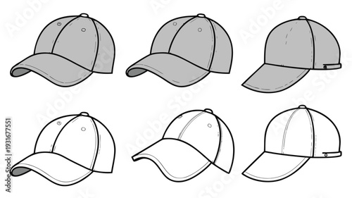 Six baseball caps in different shades of grey, flat design