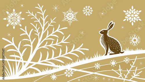 Winter wonderland with a majestic hare amidst falling snowflakes and delicate branches.
