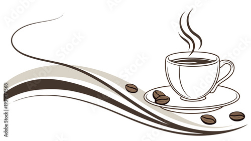 Steaming cup of coffee with beans and abstract swirls