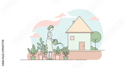 Woman watering plants in front of a house, illustrating a green lifestyle and home gardening