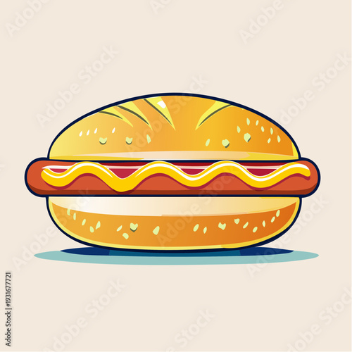 Vibrant Hot Dog Illustration with Zesty Mustard on a Golden Bun, a Classic Fast Food Icon