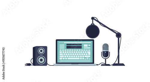 A sleek modern audio production setup featuring a laptop, microphone, and speaker for creating music or podcasts