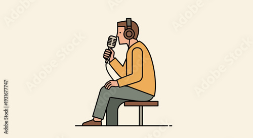 Illustration of a person with headphones speaking into a microphone, representing podcasting, audio recording, and voiceovers