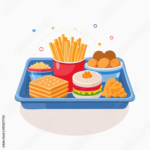 Delicious fast food meal on a tray with fries, burger, and nuggets