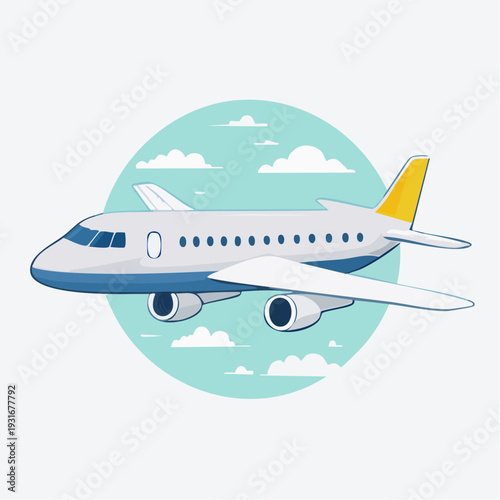 Illustration of a modern commercial airplane soaring through a cloudy sky