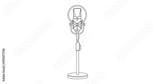 Professional studio microphone line art illustration, ideal for sound recording equipment and audio capture projects, depicting a classic vocal broadcasting device