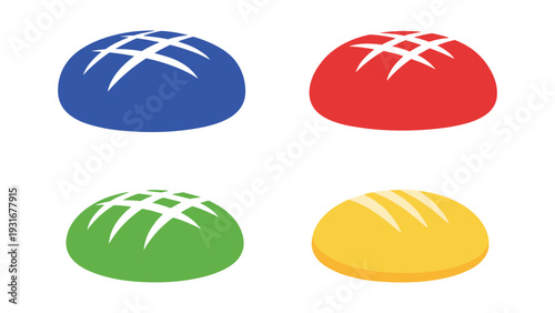Four stylized bread loaves with distinct color variations displayed in a grid layout