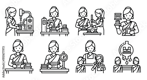 Line art illustrations of a woman working at various industrial machines and with a colleague in a factory setting with a minimalist style.