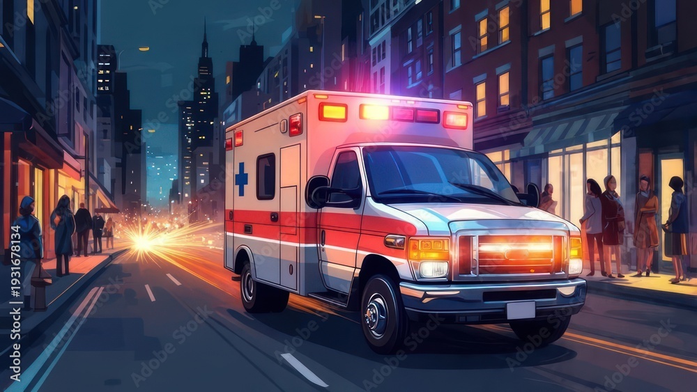 Obraz premium An ambulance speeds down a city street at night, lights flashing, as pedestrians watch