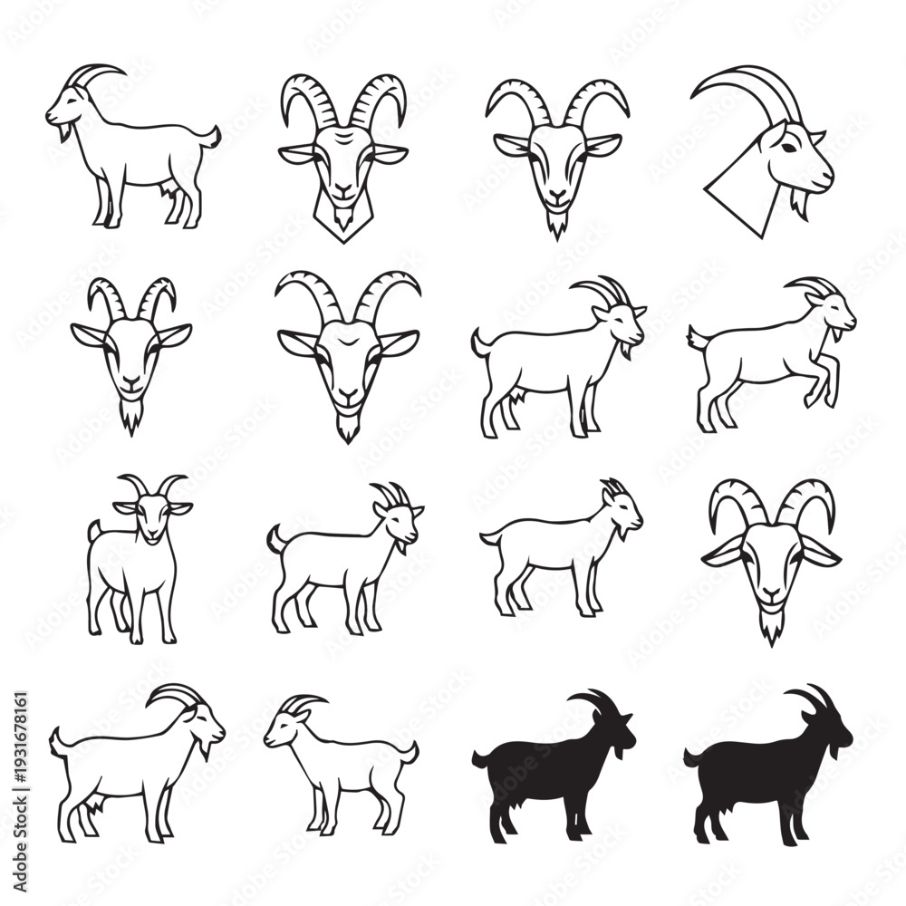 Obraz premium Set of Goat Icons and Silhouettes Various Poses and Headshots Line Art and Solid Fill