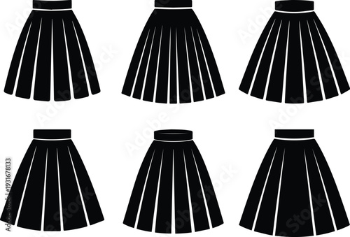 Set of Minimalist black high waisted pleated skirt silhouette vector icon