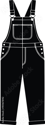 Minimalist black denim overalls dungarees with metal buckles silhouette vector icon