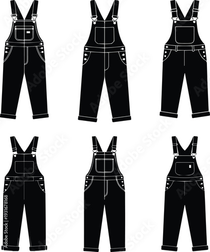 Set of Minimalist black denim overalls dungarees with metal buckles silhouette vector icon