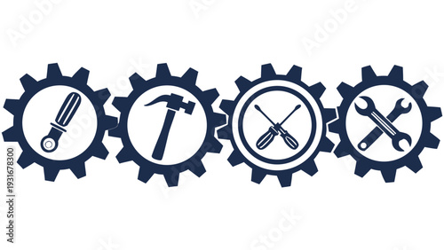 Collection of carpentry and construction tools: hammer, screwdriver, wrench