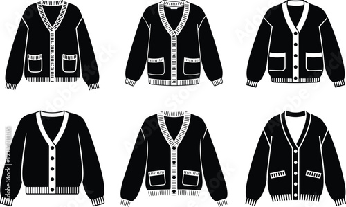 Set of Minimalist black button down knit cardigan silhouette vector icon