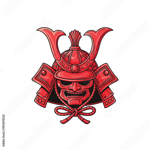 Red Samurai Warrior Helmet and Mask Illustration - Traditional Japanese Kabuto and Menpo Armor Design