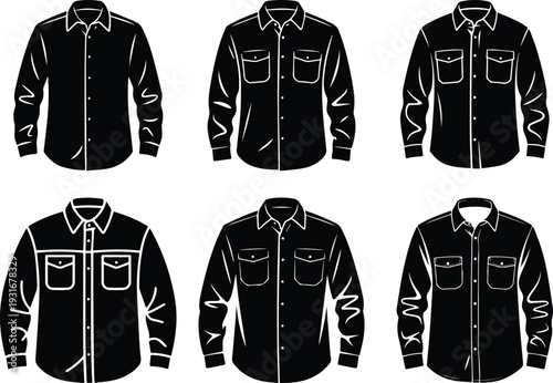 Set of Minimalist black long sleeved button up flannel shirt silhouette vector icon