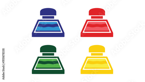 Four stylized traffic lights with different colored tops and bases