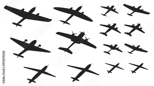 Silhouette collection of various historical and modern airplanes