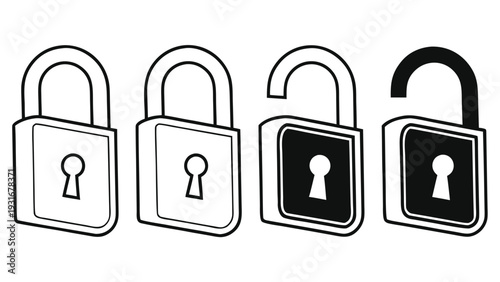 Four padlock icons, two locked and two unlocked, for security concept