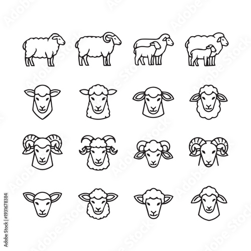 Sheep Icons Collection Farm Animals and Livestock Heads Vector Line Art