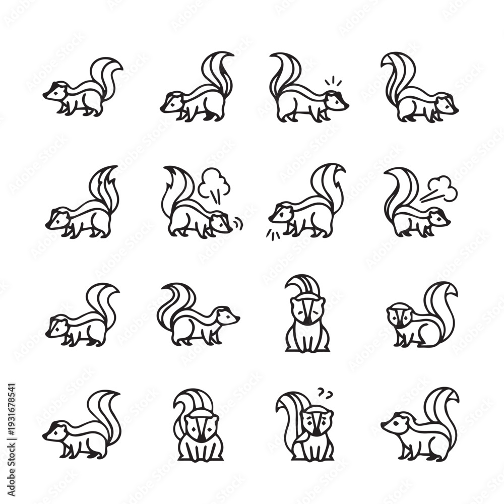 Fototapeta premium Skunk Icons Set Cute Animal Illustrations Line Art Simple Vector Graphics