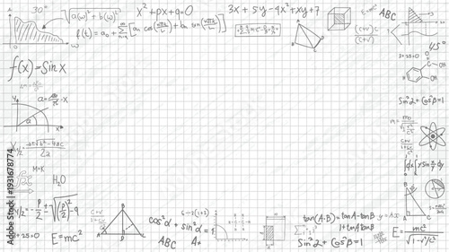 Minimalist grey mathematical equations on white grid paper background with empty space for educational content