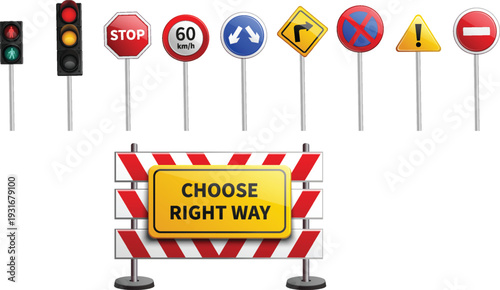 Traffic signs with choose right way direction barrier road safety decision making concept flat design